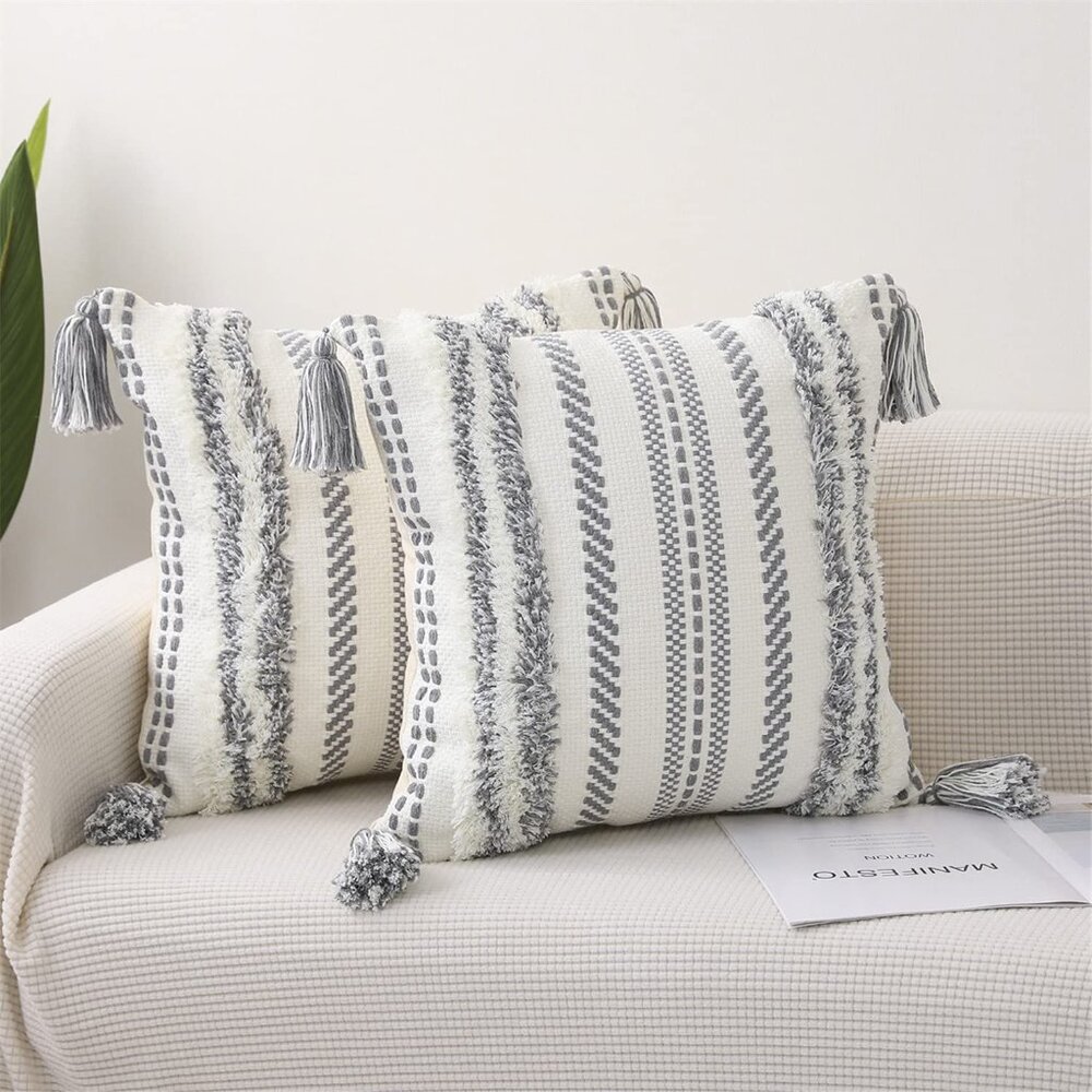 SEEKSEE Single Boho Throw Pillow Cover | 22x22 inch | Tufted & Tasseled | Grey - Picture 3 of 3
